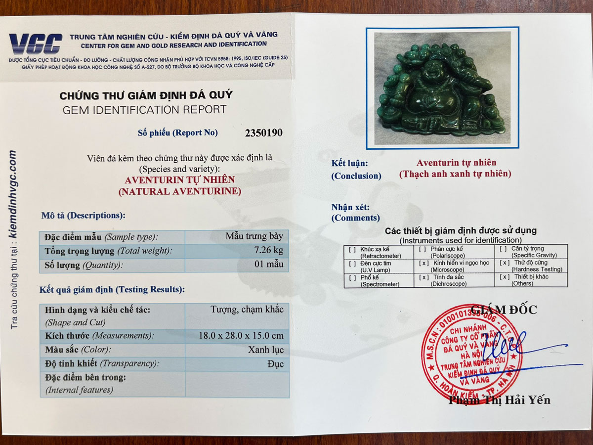 Chứng thư 2350190 tượng Di Lặc Ngũ Phúc Aventurin tự nhiên TUONGX726