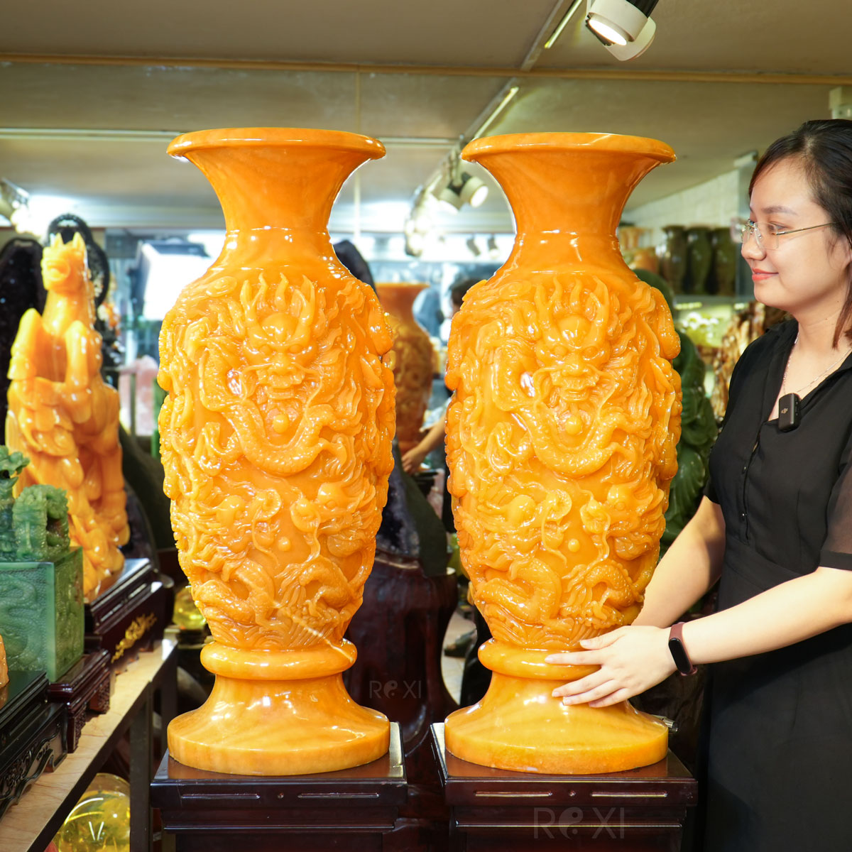Cặp lục bình cửu long ngọc Hoàng Long - vật phẩm phong thủy đá tự nhiên tại ROXI