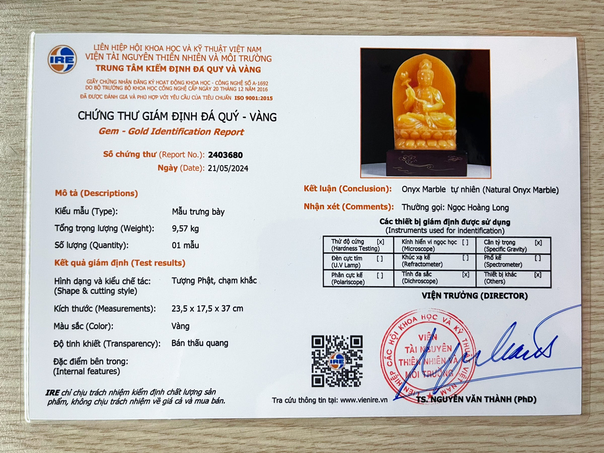 Chứng thư giám định 2403680 của tượng Đại Thế Chí Bồ Tát Ngọc Hoàng Long 9,57kg