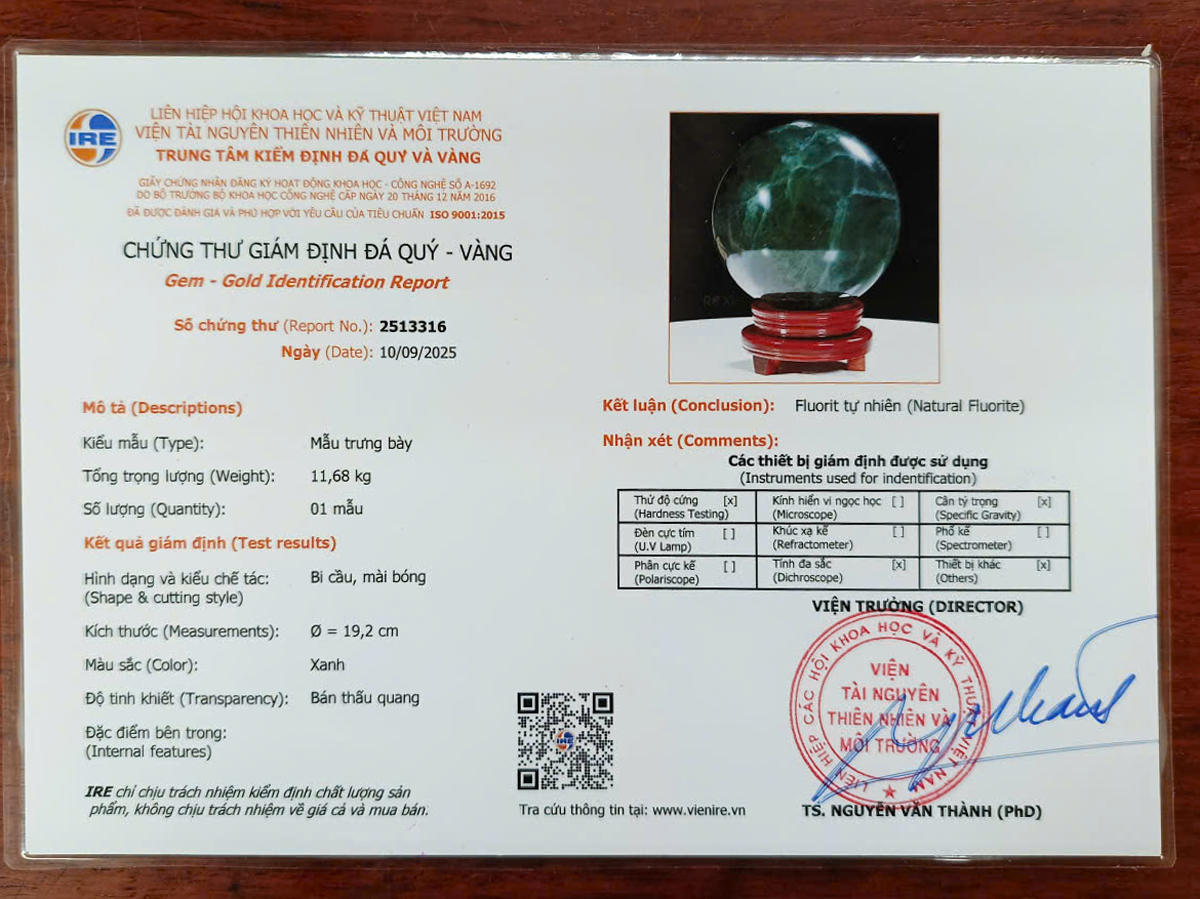 QUẢ CẦU FLUORIT XANH NGỌC 11,68KG - 19,2CM QUẢ CẦU FLUORIT XANH NGỌC 11,68KG - 19,2CM