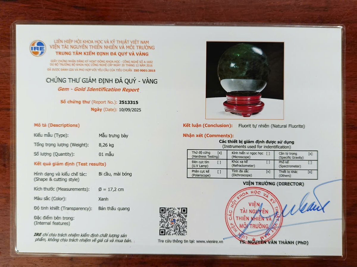 QUẢ CẦU FLUORIT XANH NGỌC 8,26KG - 17,2CM QUẢ CẦU FLUORIT XANH NGỌC 8,26KG - 17,2CM