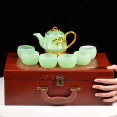 BỘ ẤM TRÀ NGỌC XANH TÙNG TRƯỜNG THỌ (CHÉN TRƠN)