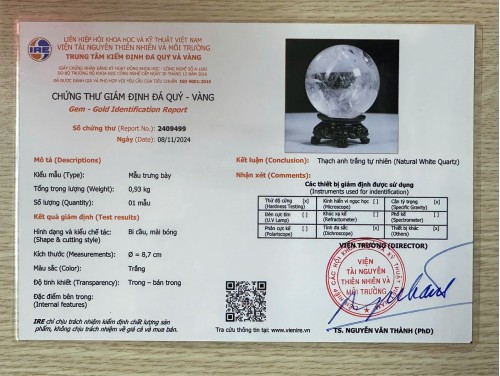 QUẢ CẦU THẠCH ANH TRẮNG 8A 0,93KG - 8,7CM