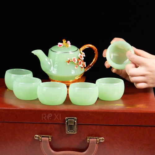 BỘ ẤM TRÀ NGỌC XANH HOA ĐÀO (CHÉN TRƠN)