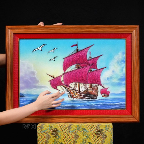 TRANH ĐÁ QUÝ THUẬN BUỒM - THUYỀN BUỒM PHONG THỦY (74*54CM)