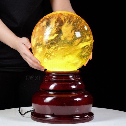 QUẢ CẦU OBSIDIAN VÀNG 13,04KG - 22,7CM + ĐẾ ĐÈN XOAY