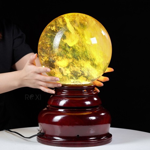 QUẢ CẦU OBSIDIAN VÀNG 13,04KG - 22,7CM + ĐẾ ĐÈN XOAY