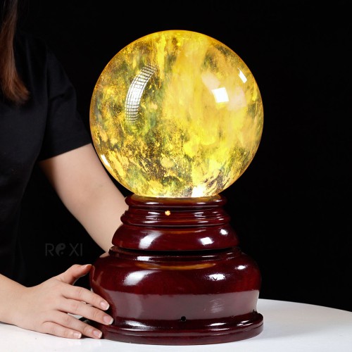 QUẢ CẦU OBSIDIAN VÀNG 13,04KG - 22,7CM + ĐẾ ĐÈN XOAY