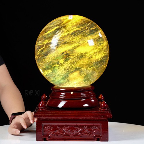 QUẢ CẦU OBSIDIAN VÀNG 13,69KG - 23CM + ĐẾ ĐÈN XOAY