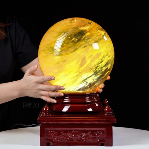 QUẢ CẦU OBSIDIAN VÀNG 14,52KG - 23,2CM + ĐẾ ĐÈN XOAY