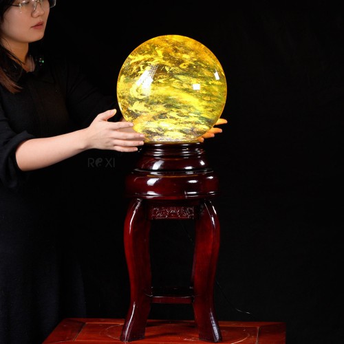 QUẢ CẦU OBSIDIAN VÀNG 25KG - 28CM + ĐÔN XOAY CÓ ĐÈN