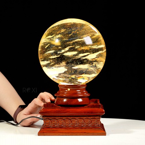 QUẢ CẦU OBSIDIAN VÀNG 6KG - 17,2CM + ĐẾ ĐÈN XOAY